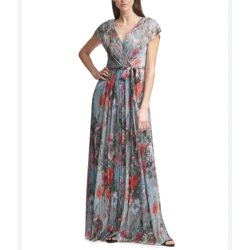 Eliza J Metallic Floral Pleated Cap Sleeve Dress Size 10